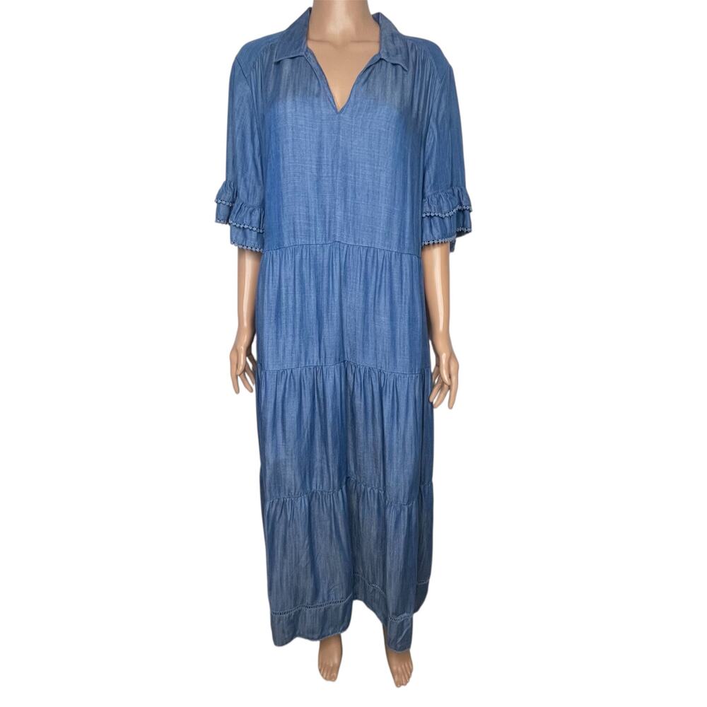 Chico's Tiered Tencel Maxi Dress Blue size 3 US 16 Sundress - Picture 4 of 11